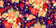 Seamless Pattern With Pale Roses And Red Flowers On Blue Background