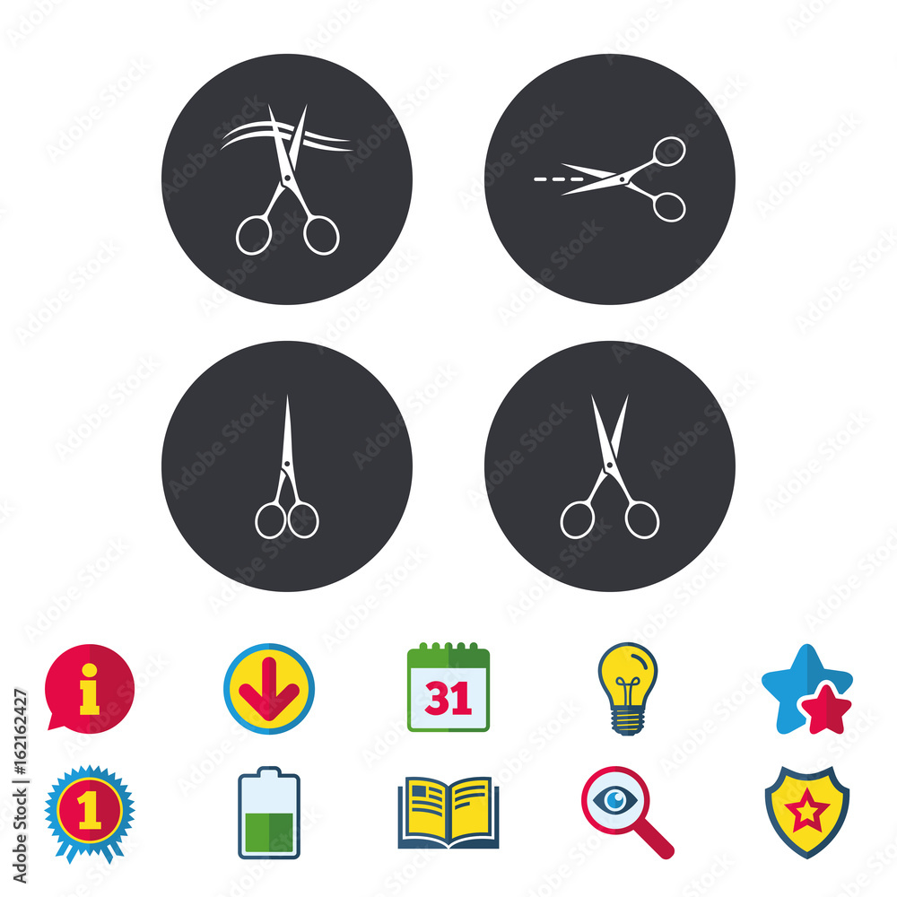 Scissors icons. Hairdresser or barbershop symbol. Scissors cut hair ...
