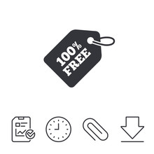 Free Tag Icon. Freebies Banner Symbol. Shopping Special Offer Sign. Report, Time And Download Line Signs. Paper Clip Linear Icon. Vector
