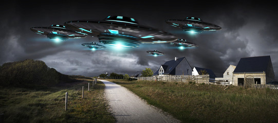 Poster - UFO invasion on planet earth landascape 3D rendering