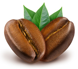 Two shiny fresh roasted coffee beans with leaves isolated on white background.