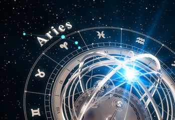 Wall Mural - zodiac sign aries and armillary sphere on black background