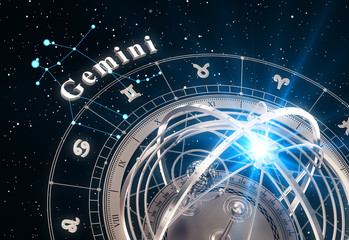Wall Mural - zodiac sign gemini and armillary sphere on black background