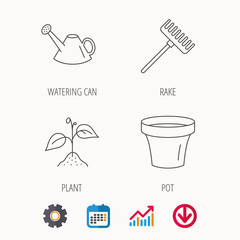 Wall Mural - Sprout plant, watering can and pot icons. Rake linear sign. Calendar, Graph chart and Cogwheel signs. Download colored web icon. Vector