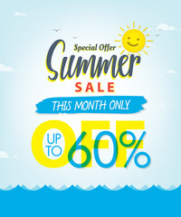 Wall Mural - Summer Sale set V.3 60 percent blue heading design for banner or poster. Sale and Discounts Concept. Vector illustration.