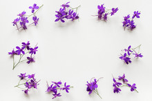 Floral Border Of Purple Summer Flowers With Copy Space. Flat Lay, Top View.