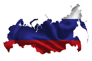 Map of Russia with national flag on fabric surface