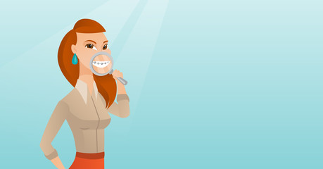 Sticker - Woman examining her teeth with a magnifier.