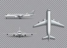 White Airplane Mock Up Isolated. Aircraft, Airliner Realistic 3d Illustration On Transtarent Background. Set Of Air Plane From Front, Side And Top View. Vector Illustration.