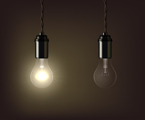 Glowing and switched off lamp isolated on brown background. Vector illustration.