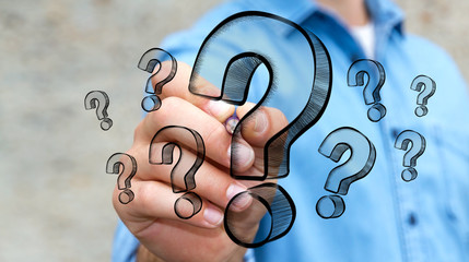 Poster - Businessman drawing hand drawn question marks