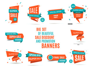 Sale banner collection. Big set of beautiful orange sale discount and promotion banners. Vector elements for website design. Special offer tag