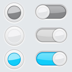 Poster - Set of round push buttons and toggle switch buttons. Blue and gray user interface elements