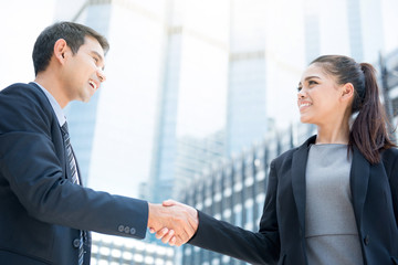 Wall Mural - Businesswoman making handshake with a businessman