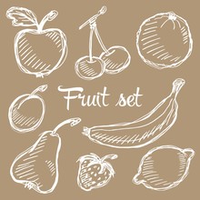Seamless Fruit Hand Drawn Pattern With Apple, Cherry, Lemon, Banana, Strawberry, Plum, Pear, Peach, Orange. Vintage Boho Background Texture. Good For Menu And Food Package