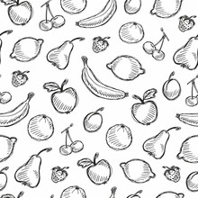Seamless Fruit Hand Drawn Pattern With Apple, Cherry, Lemon, Banana, Strawberry, Plum, Pear, Peach, Orange. Vintage Boho Background Texture. Good For Menu And Food Package