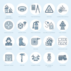 Firefighting, fire safety equipment flat line icons. Firefighter, fire engine extinguisher, smoke detector, house, danger signs, firehose. Flame protection thin linear pictogram.