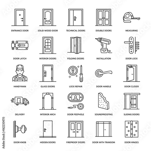 Doors Installation Repair Line Icons Various Door Types