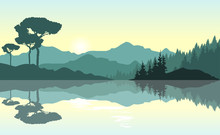 Beautiful Sunrise At The Mountains. Green Landscape Reflected At The Lake. Nature Background. Vector Illustration.