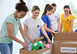 © Africa Studio - Young volunteers with boxes of donations indoors