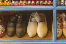Row Of Blank New Wooden Dutch Clogs For Sale On A Market,Marken, The Netherlands