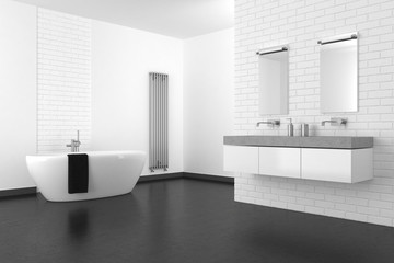 Wall Mural - modern bathroom with white brick wall and dark floor