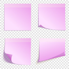 Wall Mural - Set of square pink sticky notes isolated on transparent background, vector illustration