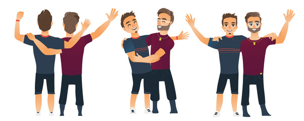 Male friendship concept, couple of boys, best friends hugging each other, cartoon vector illustration isolated on white background. Set of boys, men, friends standing and hugging each other