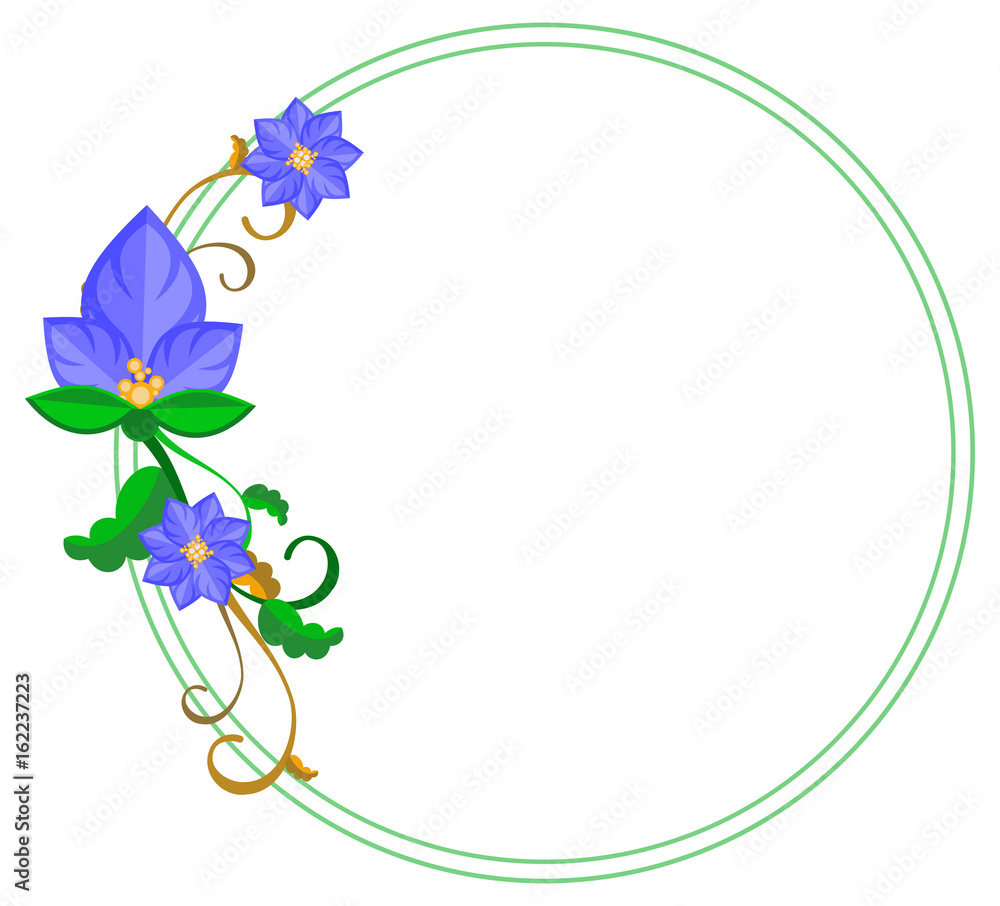 Round decorative frame with abstract blue flowers. Vector clip art ...