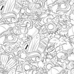 Seamless abstract vector doodle background, summer cartoon wallpaper. Comic pattern. Anti stress coloring book page for adults