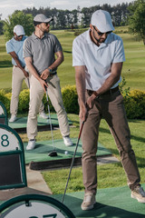 Wall Mural - group of focused men playing golf together at golf course