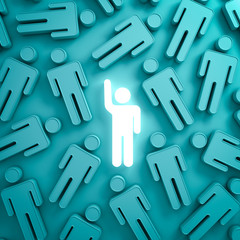 Fototapete - Stand out from the crowd and different concept , One glowing light man raising his hand among other people on green background with reflections and shadows . 3D rendering.
