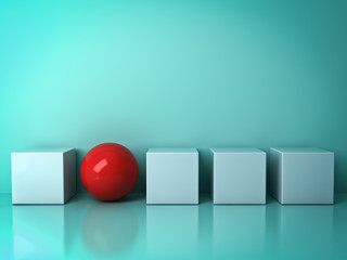 Fototapete - Stand out from the crowd and different creative idea concepts , One red sphere standing among white square boxes on green background in the row with reflections and shadows . 3D rendering.