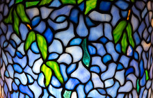 Wisteria Pattern Illuminated Stained Glass Close Up Detail.