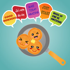 pancake in pan and morning quote. vector illustration.