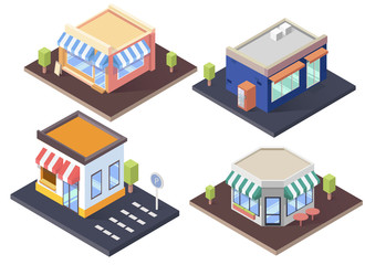 isometric cafes, shop and supermarket with awnings.flat vector illustration set.
