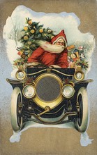 Father Christmas Delivering Presents By Car. Date: Circa 1905