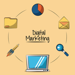 Canvas Print - poster of digital marketing with laptop computer in closeup and marketing icons around