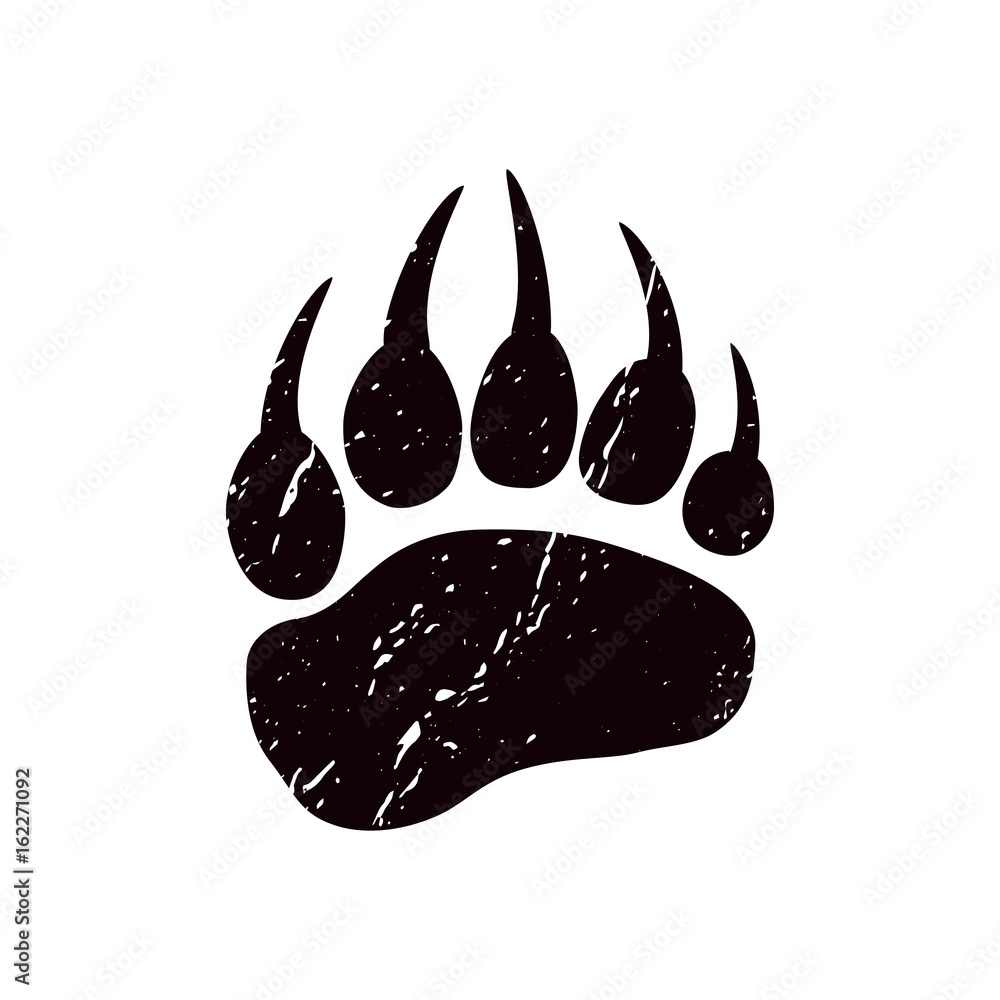 A trace a bear. Black silhouette of paw on a white background. Vector. The imprint of a bear s foot. Logo of the footprint. - obrazy, fototapety, plakaty 
