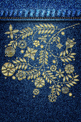 Wall Mural - Girl denim texture with embroidery gold trend floral bouquet. Stitch patch jeans dress. Contemporary traditional folk with golden flowers arrangements on blue background for dress design. Vector.