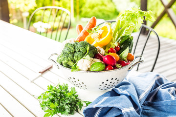 Garden - colorful spring vegetables in colander outdoor