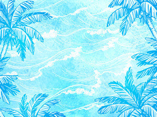 Canvas Print - sea waves and palm trees.