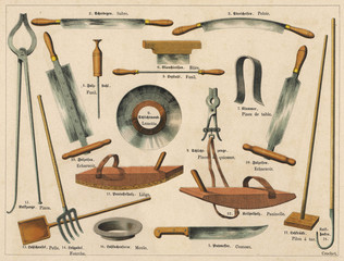 Leather making and tannery tools. Date: 1875