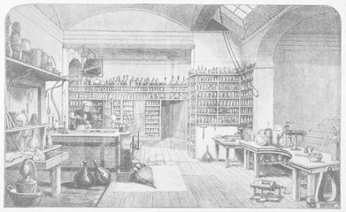 Wall Mural - English Scientist Michael Faraday in his Laboratory. Date: circa 1820s