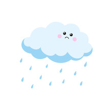 Sad Cloud Crying Raindrops. Vector Illustration In A Hand-drawn Style.