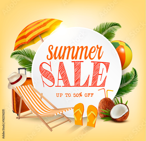 Foto-Duschvorhang nach Maß - Summer Sale Template Vector Banner With Colorful Beach Elements. Design For Promotion. (von ecco)