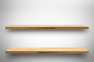 Wall Mural - Double wooden shelves on white gray gradient background