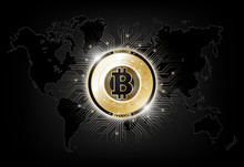 Golden Bitcoin Digital Currency On World Map, Futuristic Digital Money, Technology Worldwide Network Concept, Vector Illustration