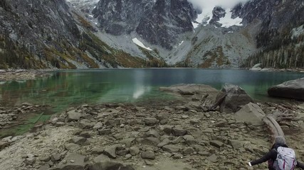 aerial of hiking mountain lake
