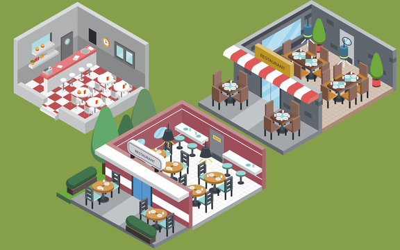 Wall Mural -  - Collection of isolated Isometric restaurant interior in different styles
